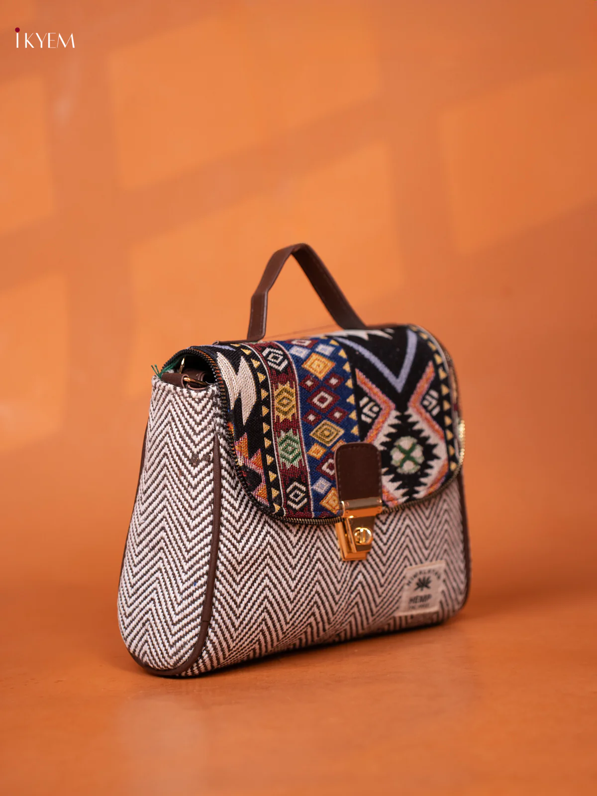 Jacquard Leather Sling bag with Printed Gusset & Flap - Brown - KD26942 - Image 2