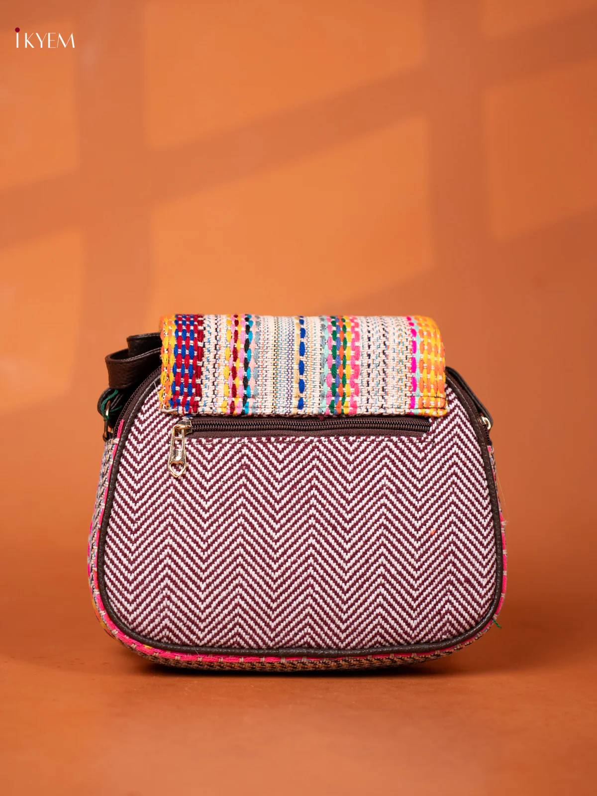 Jacquard Woven Leather Sling Bag with 4 compartments - Maroon -KD26951 - Image 4