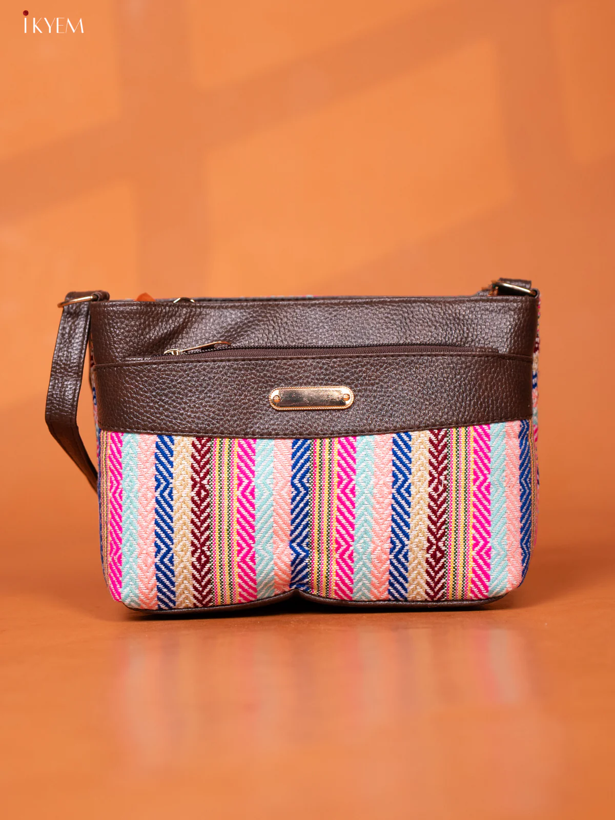 Jacquard Leather Design Sling Bag with 4 Compartments -Multicolour - KD26963