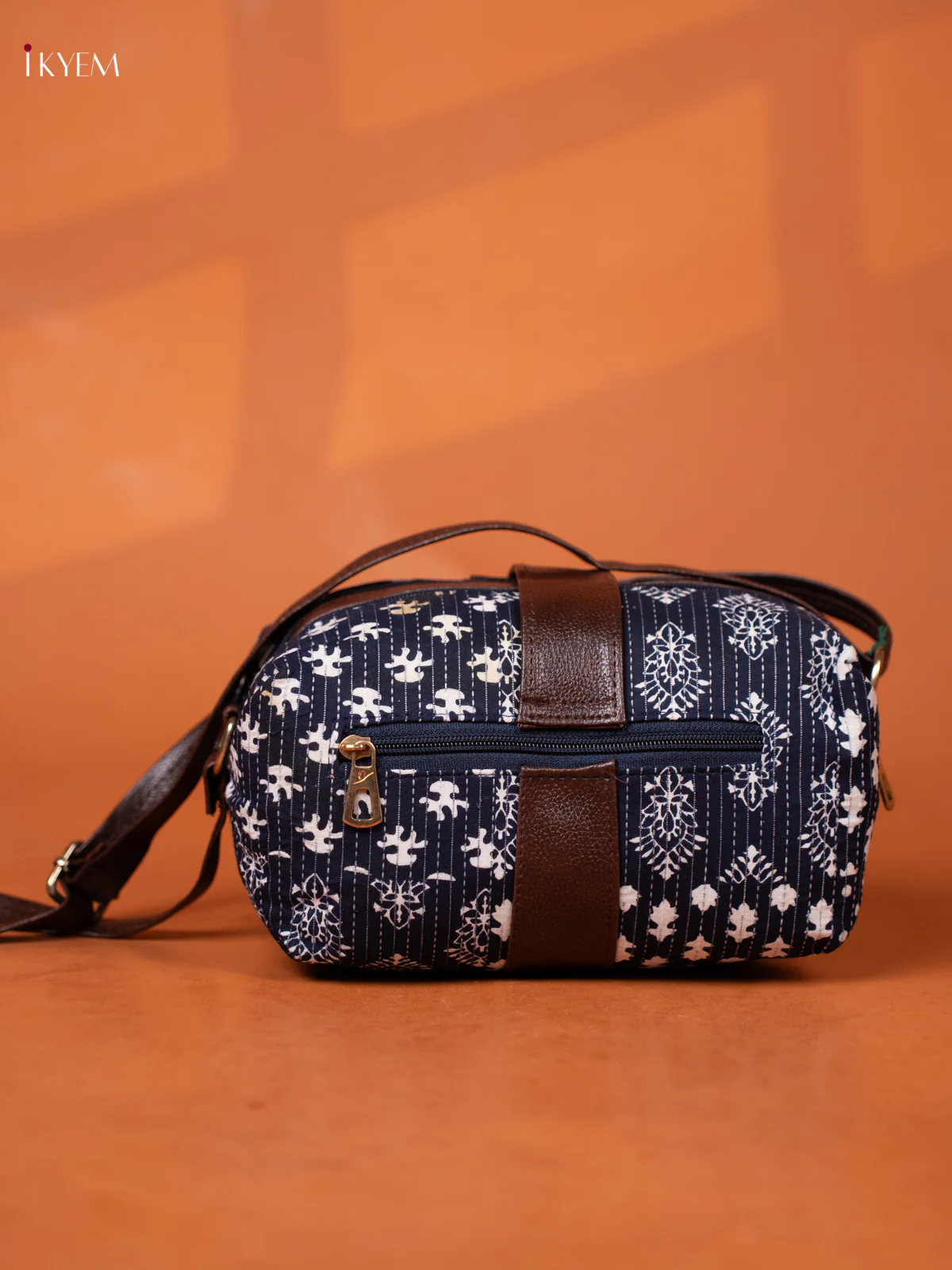 Ikat Cotton Leather Sling bag with 3 Compartments -Navy Blue - KD26970 - Image 2
