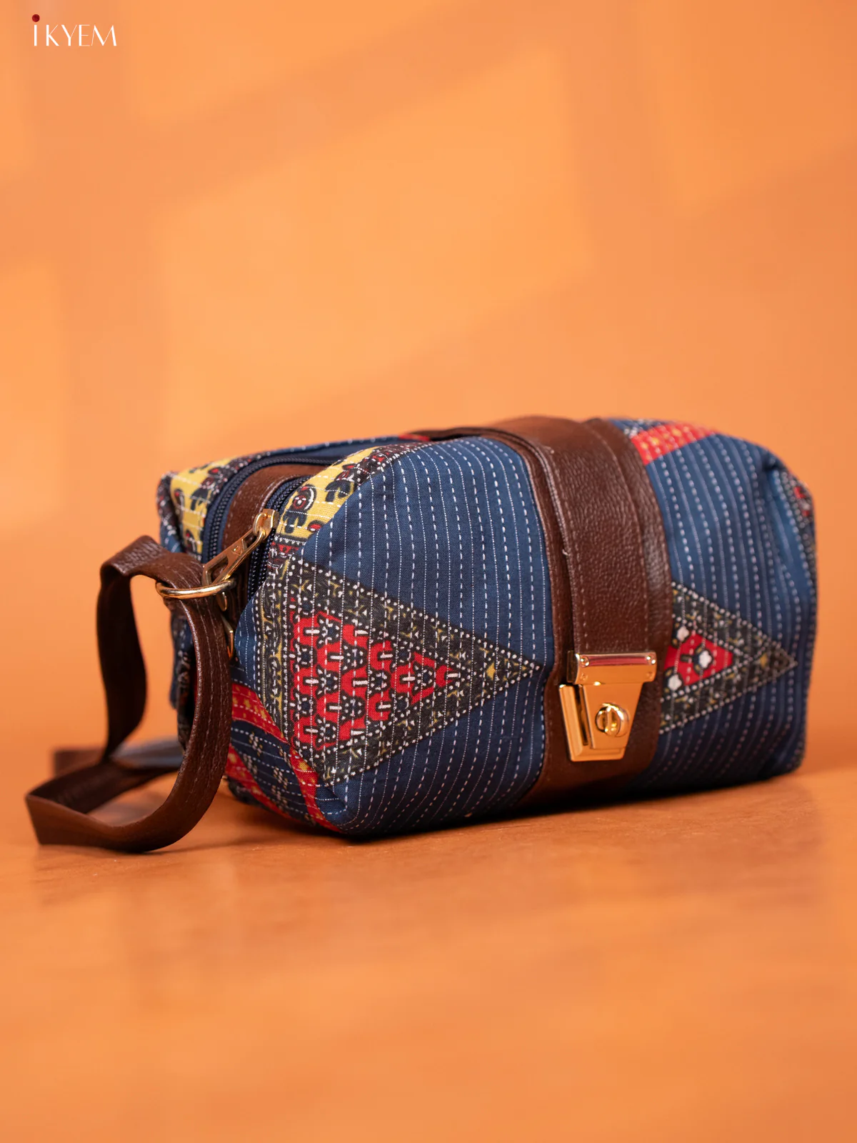 Ikat Cotton Leather Sling bag with 3 Compartments - Blue - KD26974 - Image 2