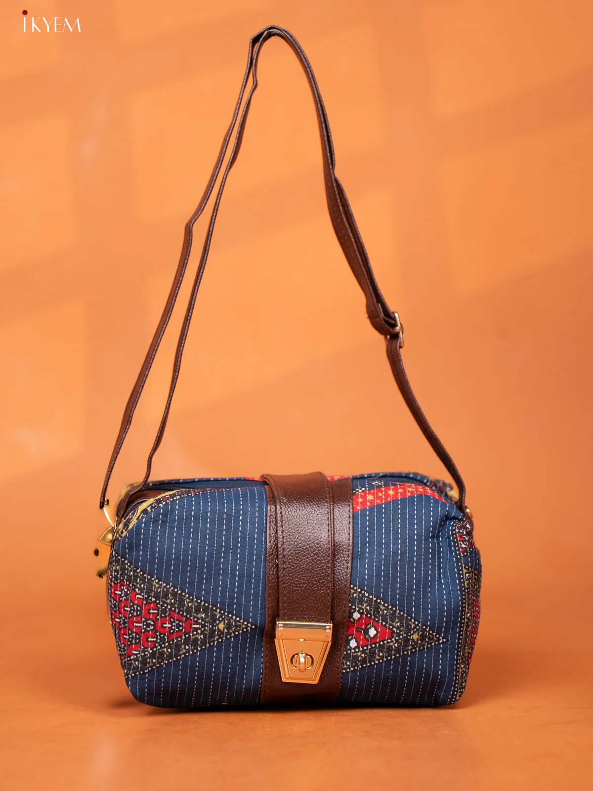 Ikat Cotton Leather Sling bag with 3 Compartments - Blue - KD26974 - Image 3