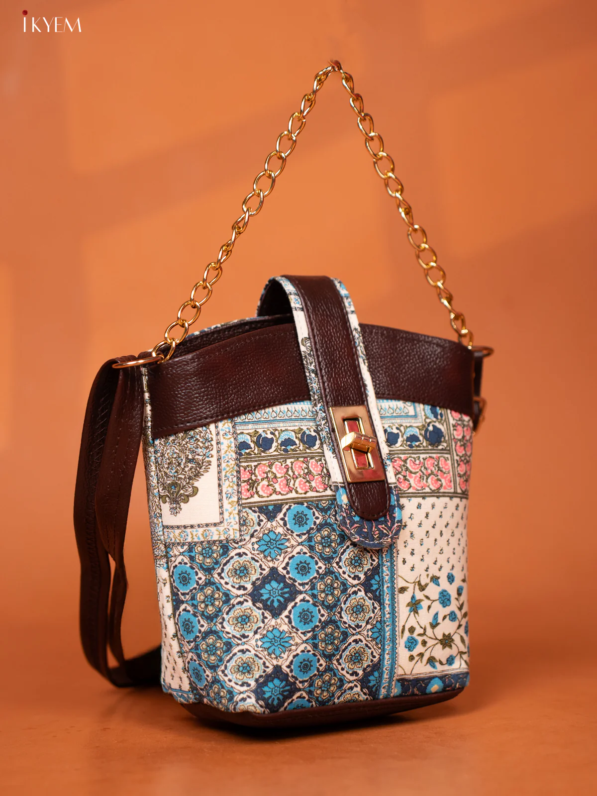 Printed patchwork Cotton Leather Sling Bag -Sky Blue - KD26976 - Image 2
