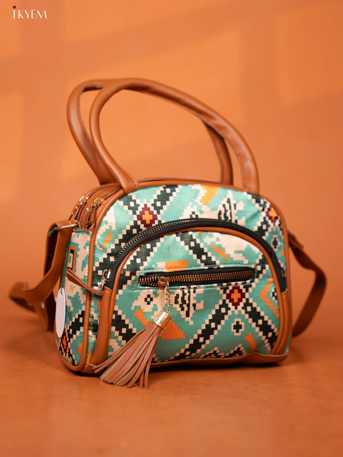Patola Design Leather Sling Handy handbag with 4 Compartments -Light Green - Image 2
