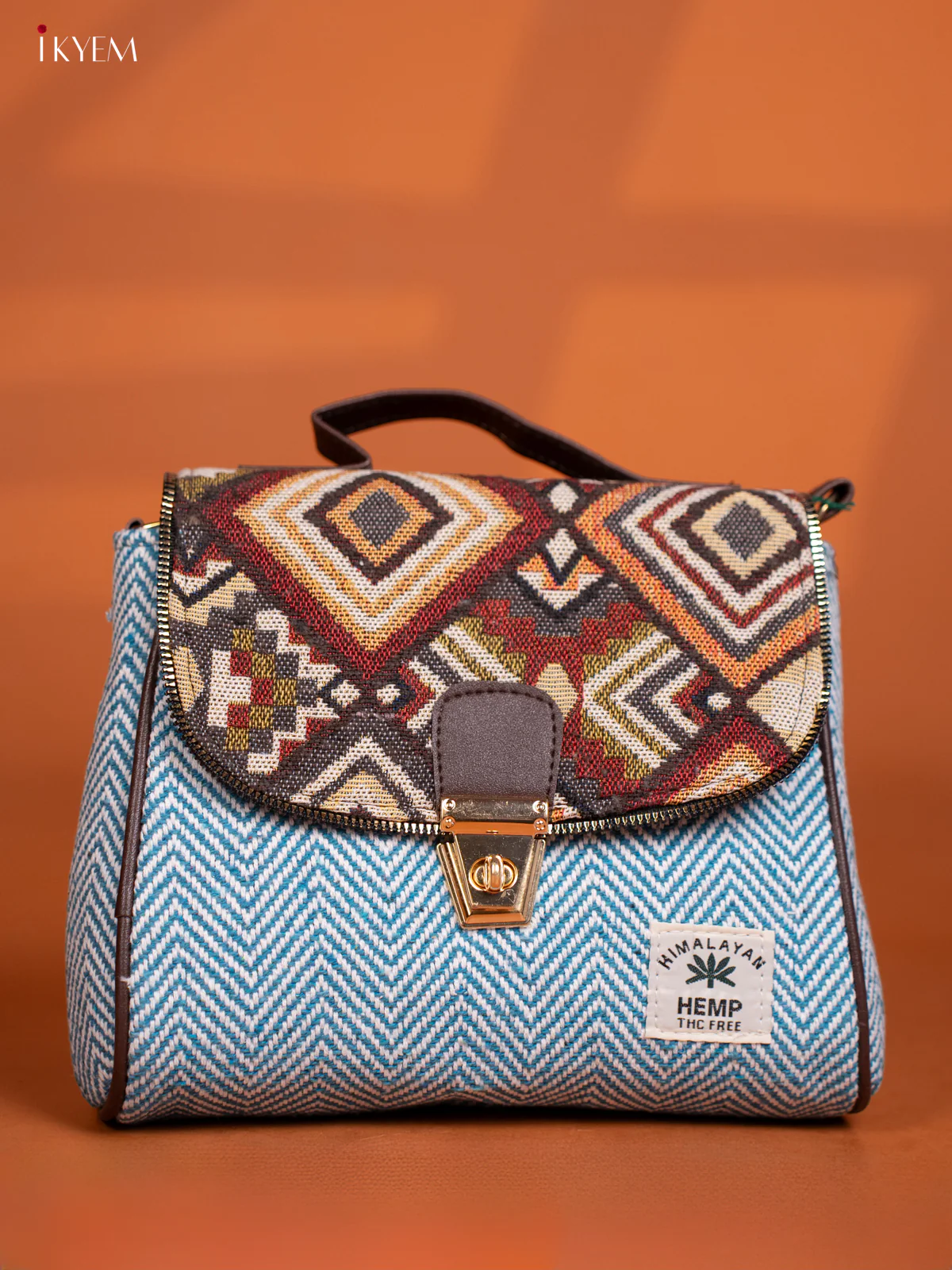Jacquard Leather Sling bag with Printed Gusset & Flap- Sky Blue - KD27007