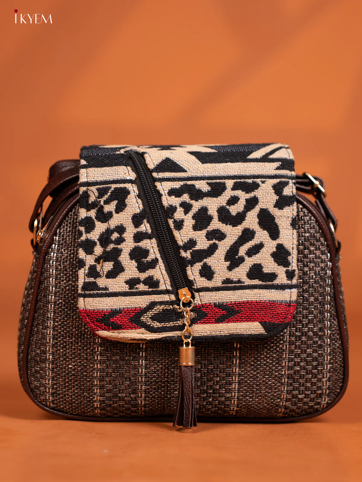 Jacquard Woven Leather Sling Bag - Brown - KD27009