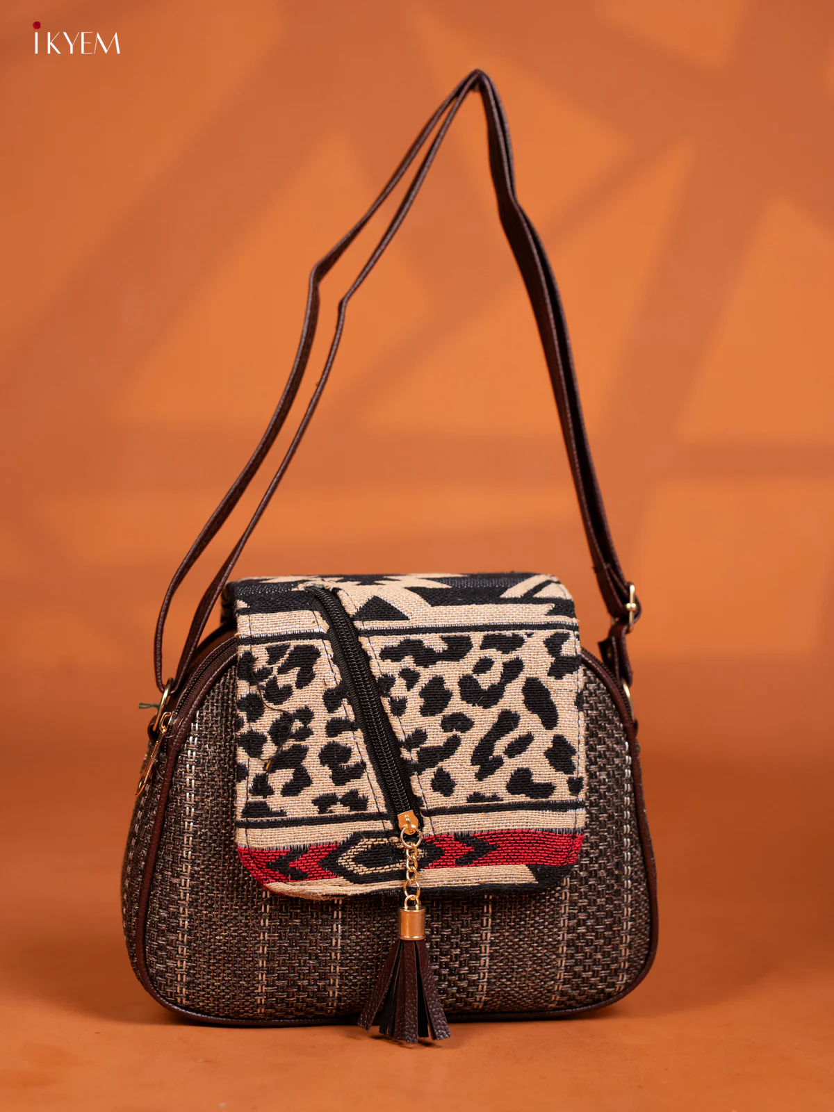 Jacquard Woven Leather Sling Bag - Brown - KD27009 - Image 5