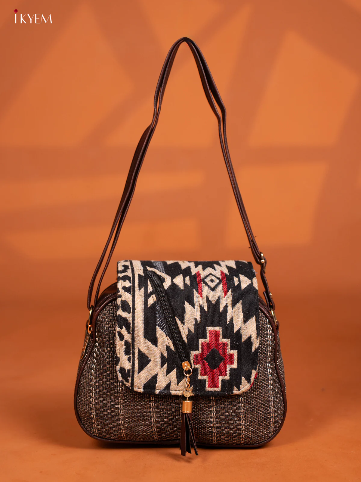 Jacquard Woven Flap Leather Sling Bag - Brown - KD27011 - Image 5