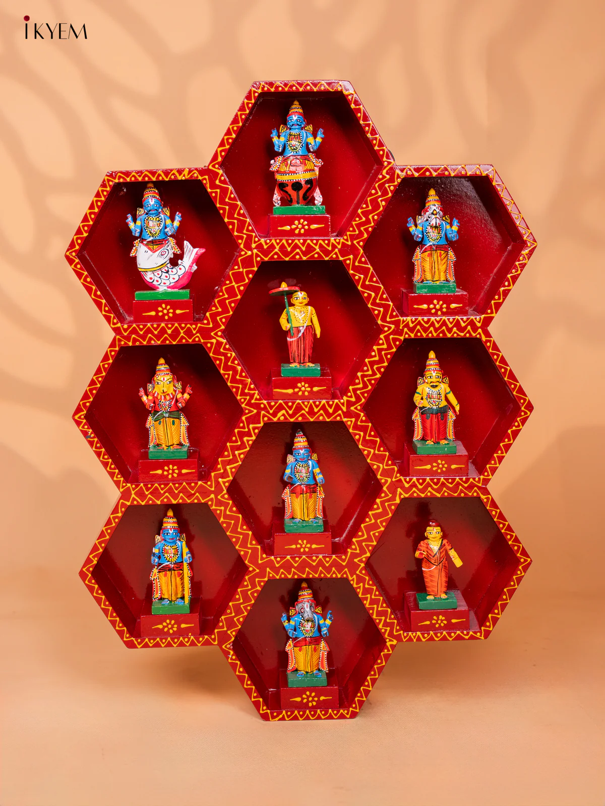 Wooden Octagonal Frame with Kondapalli Dasavatharam Idols - Red - KD28112