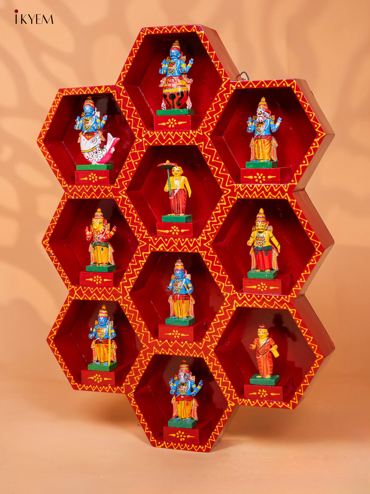 Wooden Octagonal Frame with Kondapalli Dasavatharam Idols - Red - KD28112 - Image 2