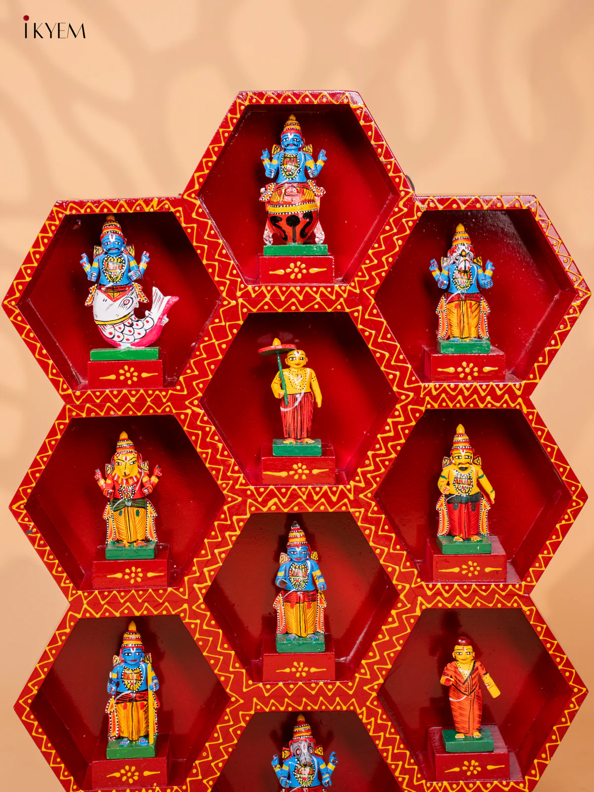 Wooden Octagonal Frame with Kondapalli Dasavatharam Idols - Red - KD28112 - Image 6