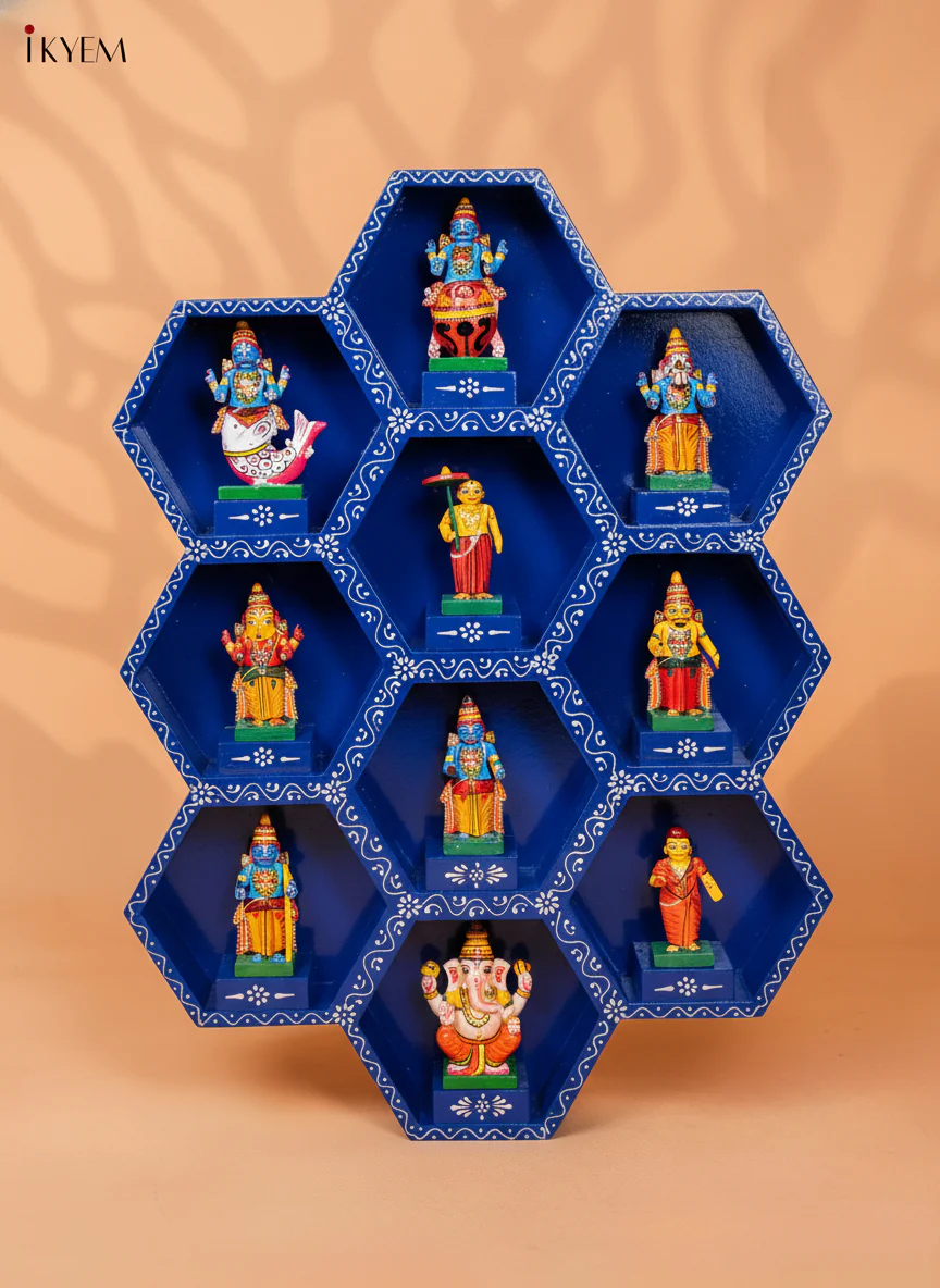 Wooden Octagonal Frame with Kondapalli Dasavatharam Idols - Blue - KD28114