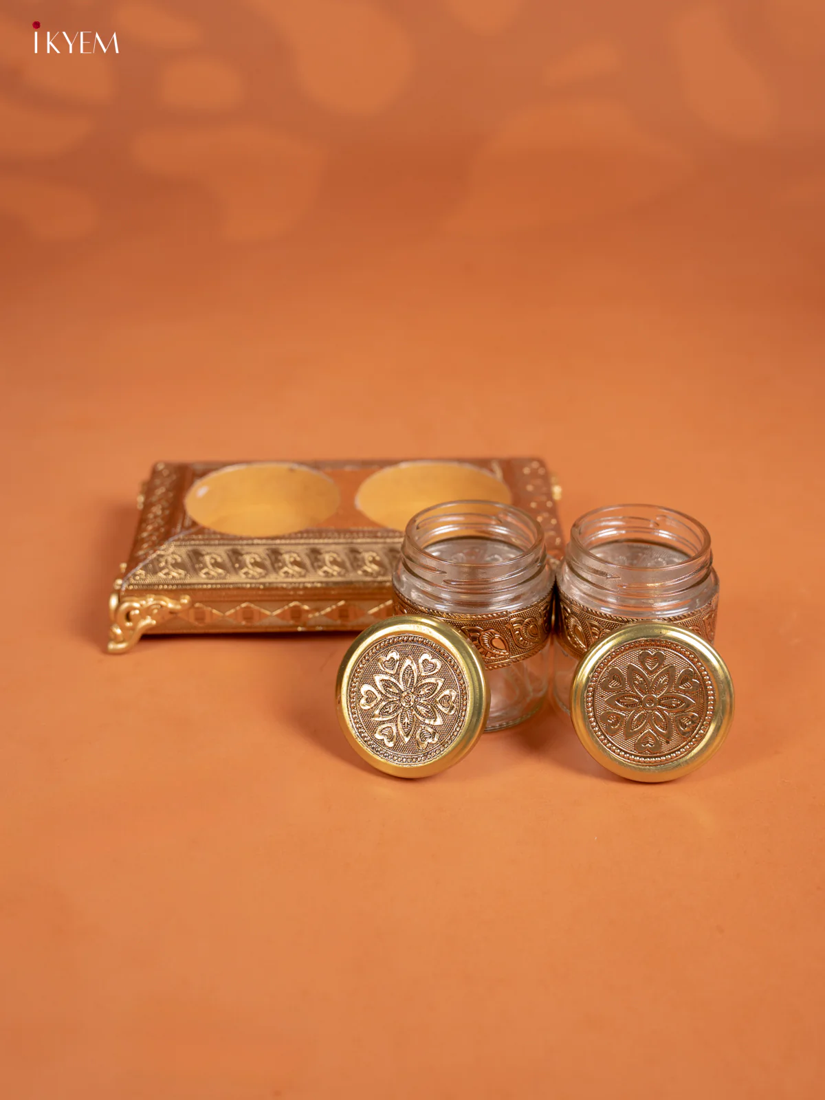Set Of 2 Oxidized Gold Dry Fruit jars with Tray - KD30128 - Image 6