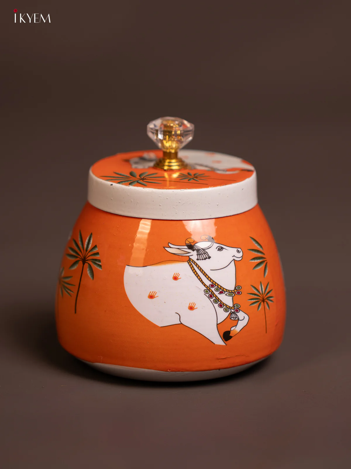 Metal Pichwai Nut Jar Cow -Orange - KE06124 - Image 2