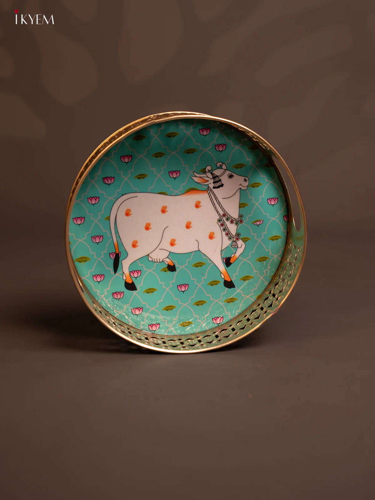 Metal Digital Pichwai tray Cow - 8 Inch - sky blue - KE14112 - Image 2