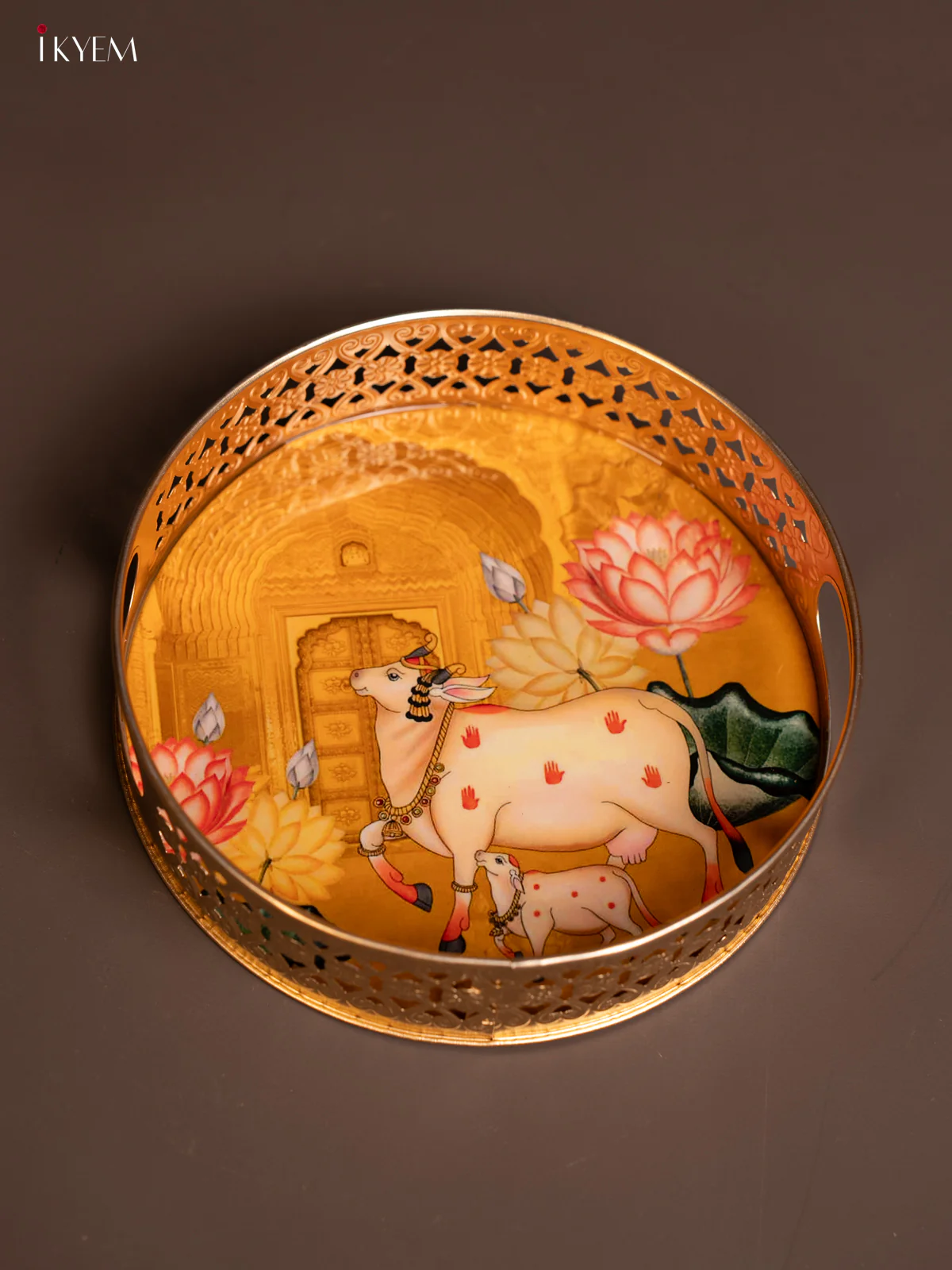 Metal Digital Pichwai tray Cow & Calf - 8 Inch - yellow - KE14114