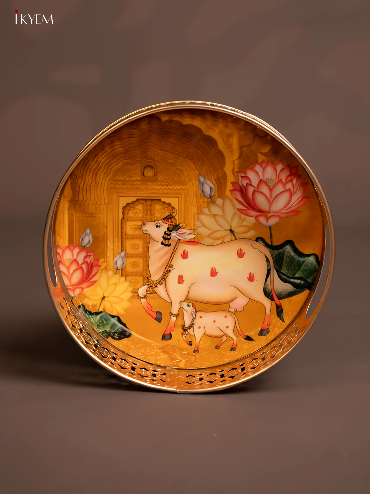Metal Digital Pichwai tray Cow & Calf - 8 Inch - yellow - KE14114 - Image 2