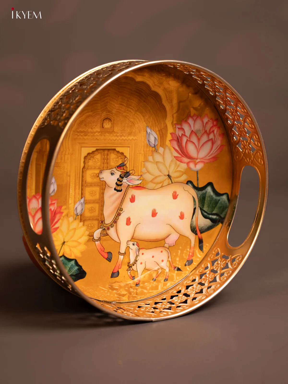 Metal Digital Pichwai tray Cow & Calf - 8 Inch - yellow - KE14114 - Image 3