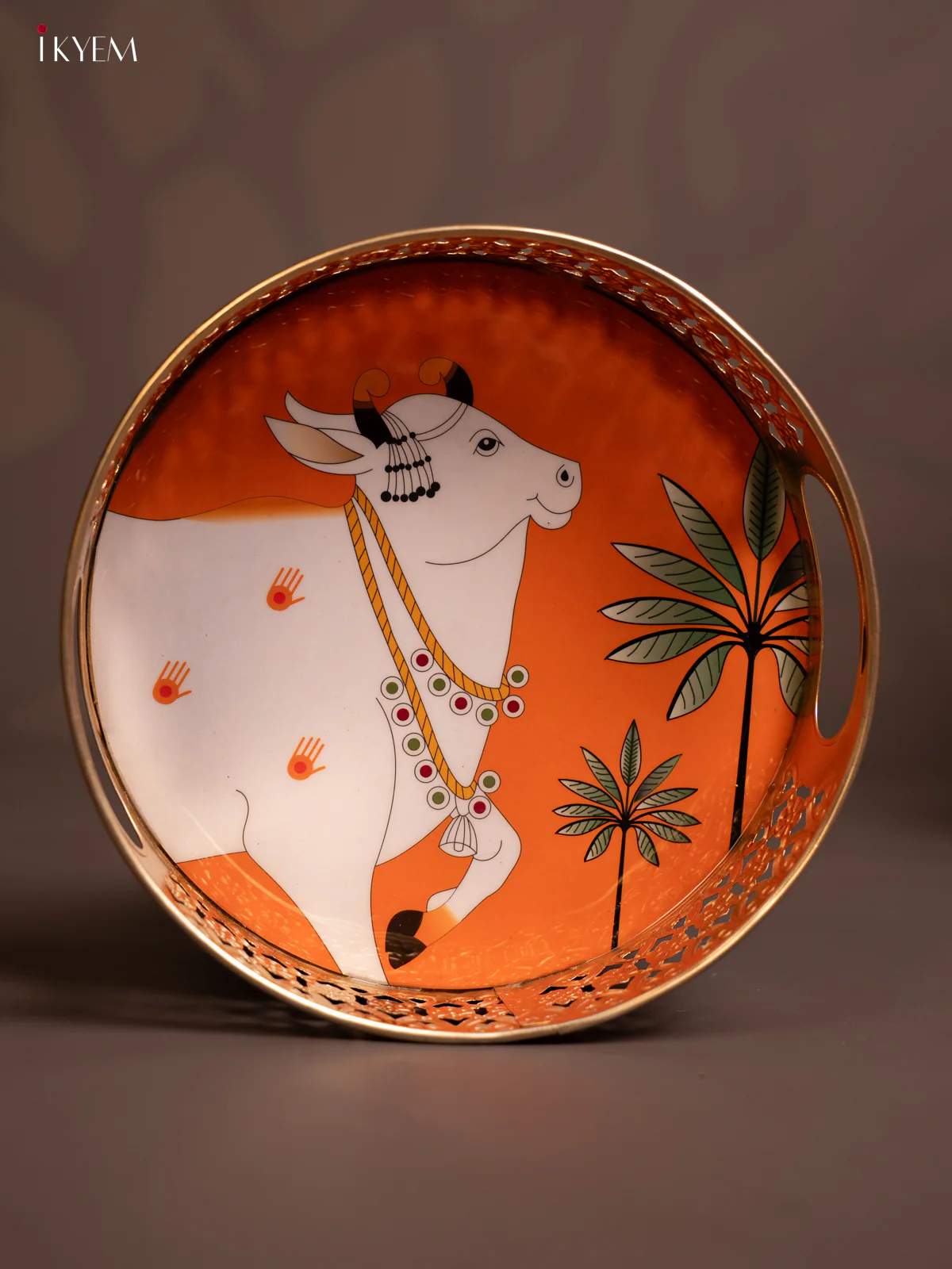 Metal Digital Pichwai tray - Cow - 8 Inch - orange - KE14117 - Image 2
