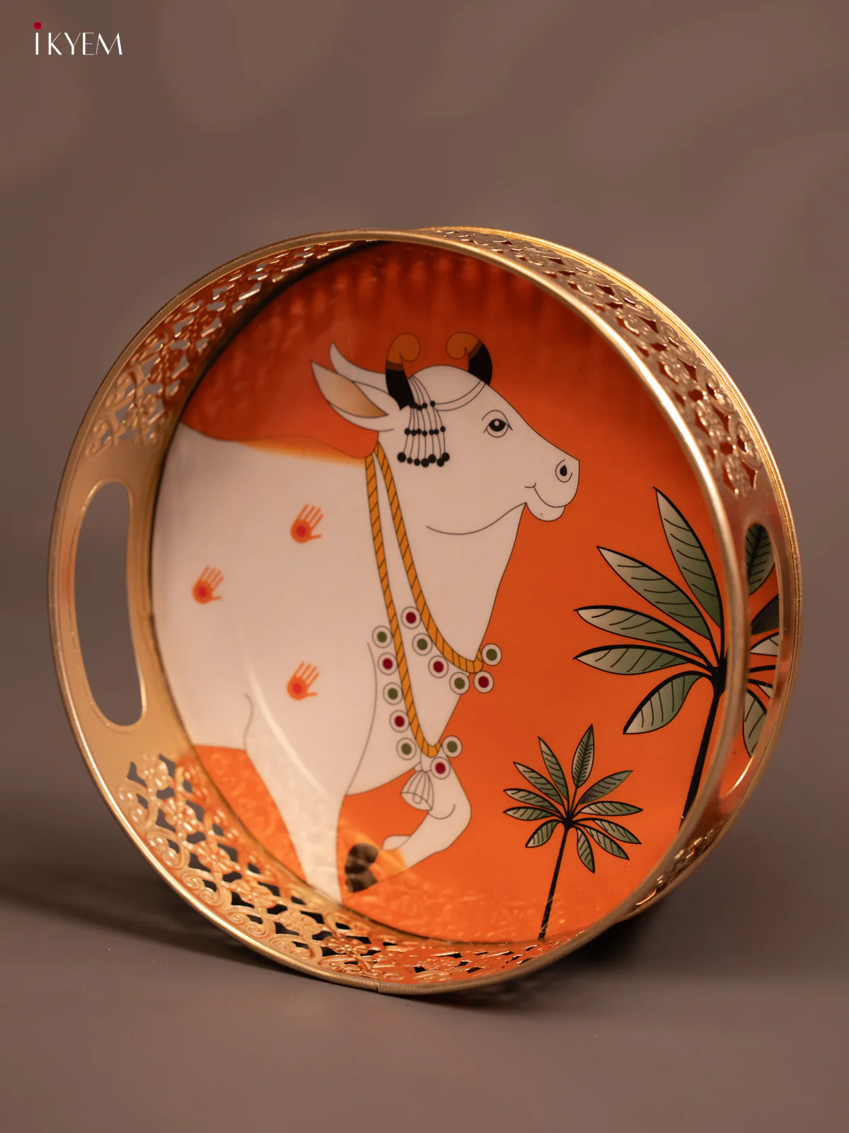 Metal Digital Pichwai tray - Cow - 8 Inch - orange - KE14117 - Image 3