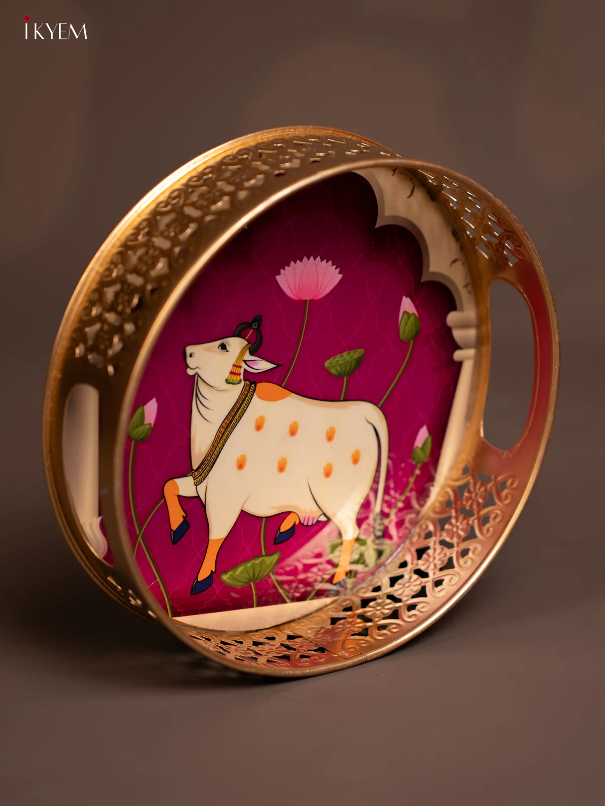 Metal Digital Pichwai tray Cow - 8 Inch - Purple - KE14118 - Image 2