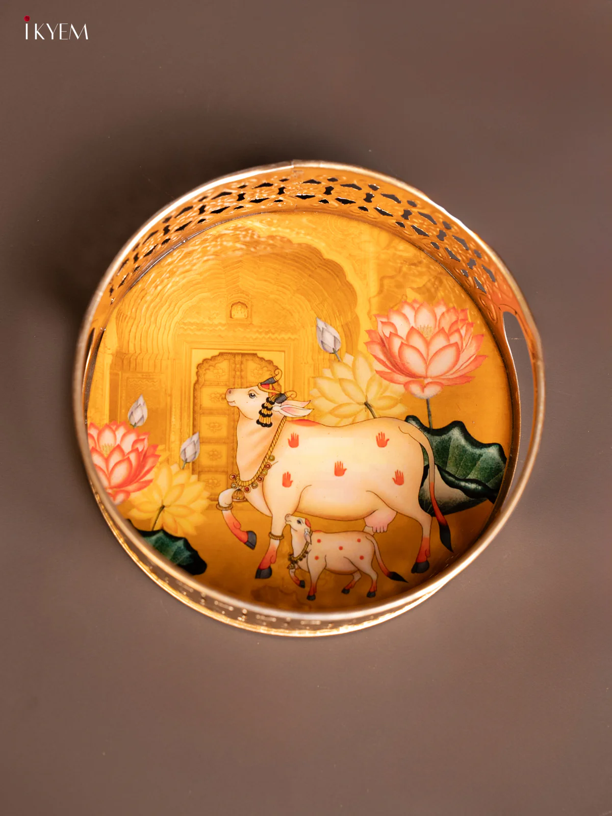 Metal Digital Pichwai tray Cow & Calf 6 Inch - yellow - KE14123