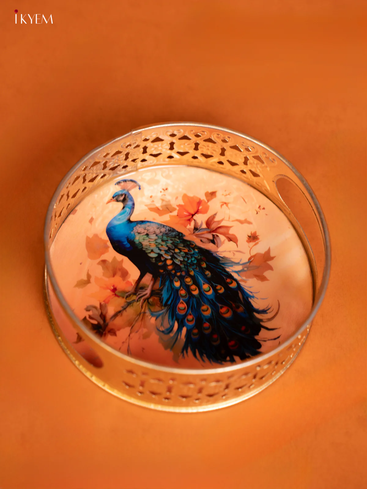 Metal Digital Pichwai tray Peacock 6 Inch - Peach - KE14126