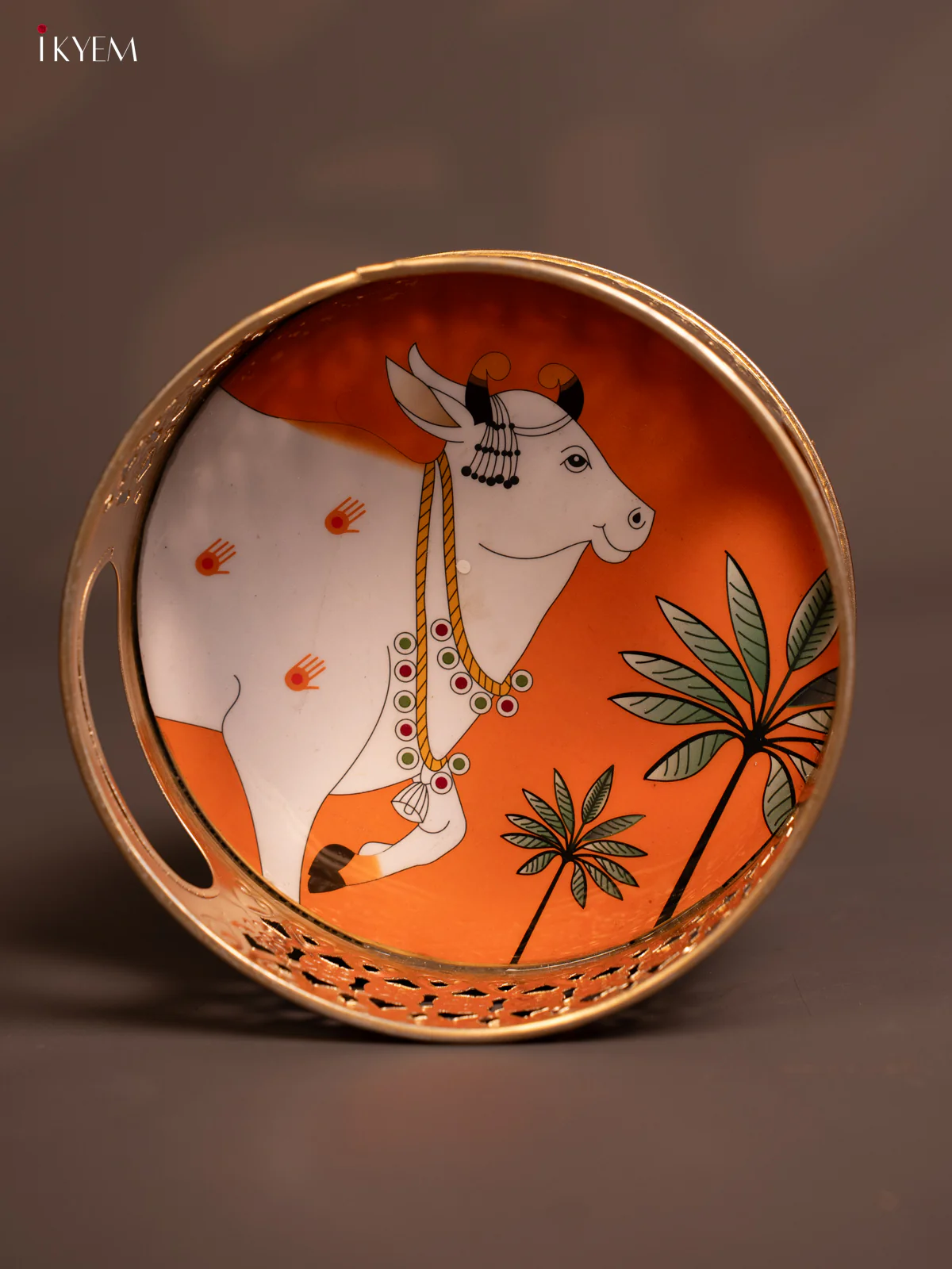 Metal Digital Pichwai tray - 6 Inch- Cow - Orange - KE14130 - Image 2
