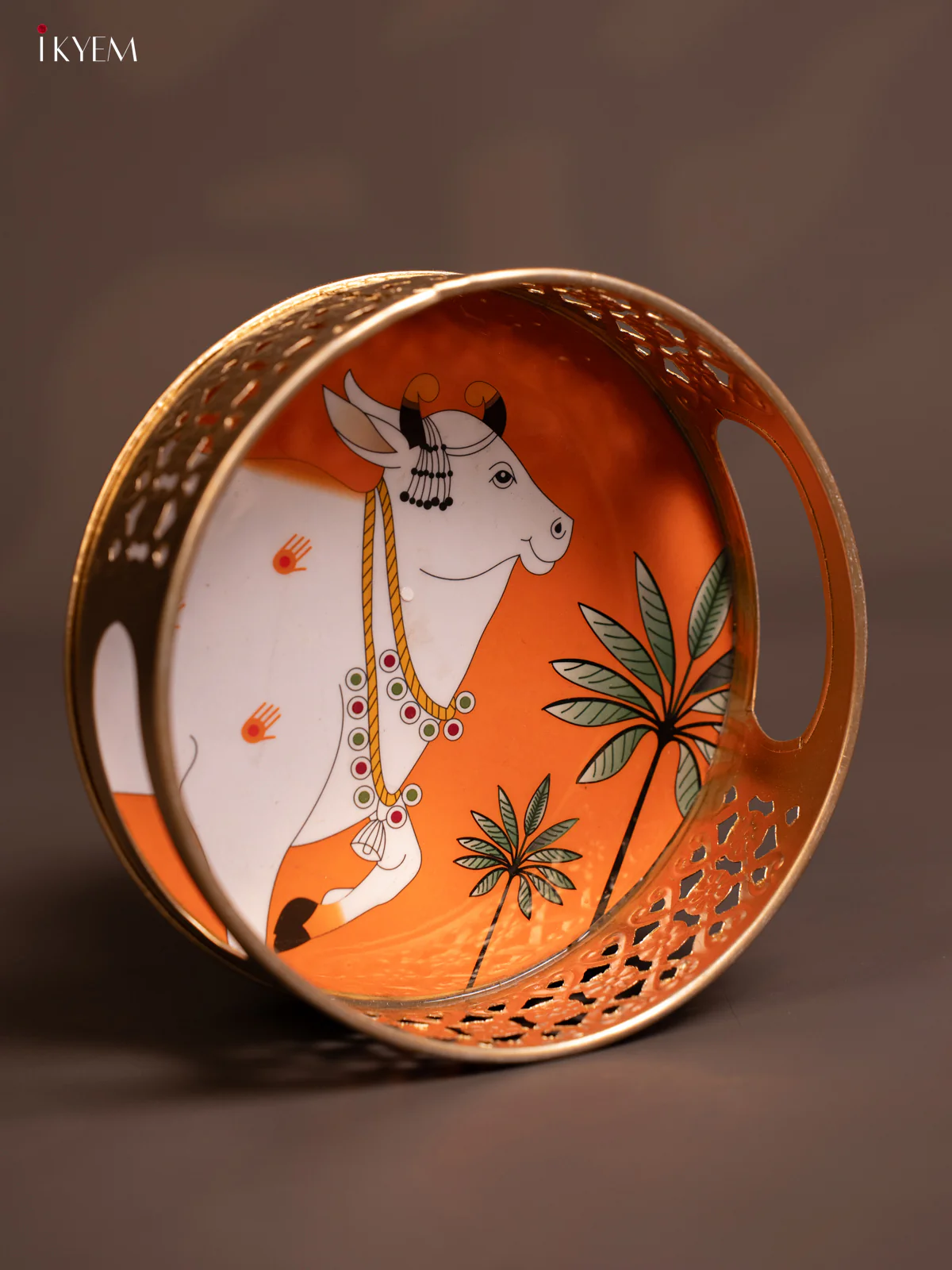 Metal Digital Pichwai tray - 6 Inch- Cow - Orange - KE14130 - Image 3