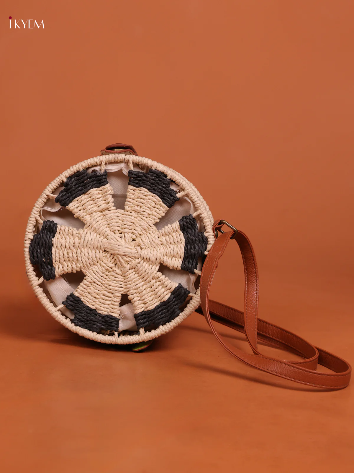 Trendy Round Jute Sling Bag Black