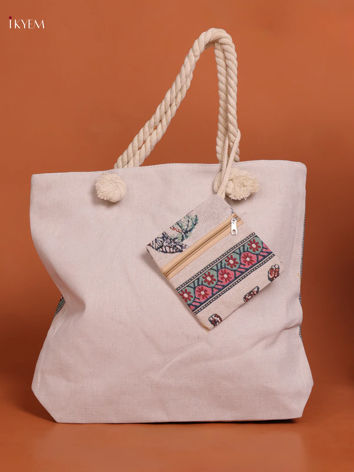 Rajasthani Patten Tote Bag with Pouch - Pink with Green - KE16204 - Image 3