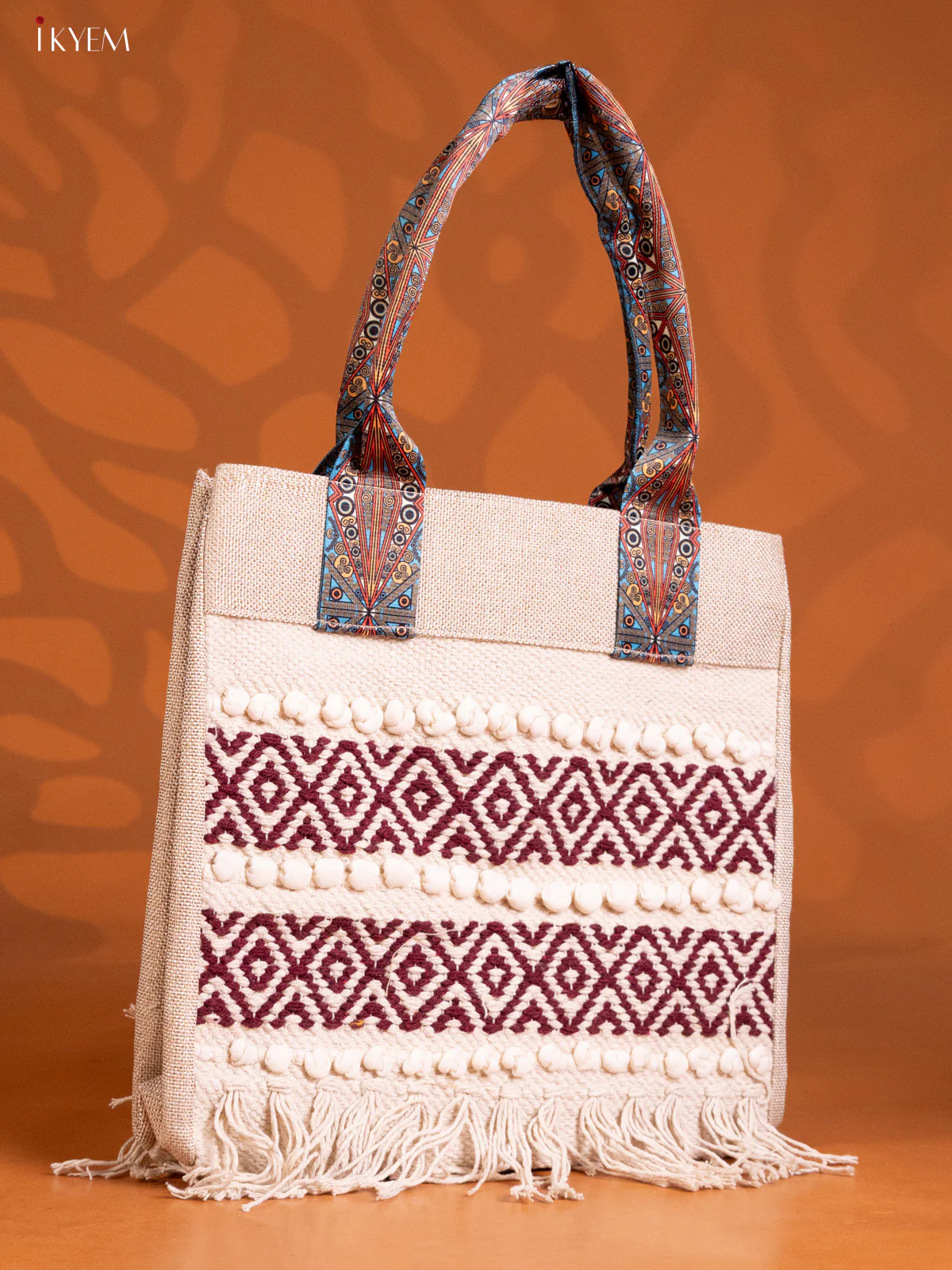 Jacquard Pattern Handbag with 2 compartments - Marron with White - KE16247 - Image 2