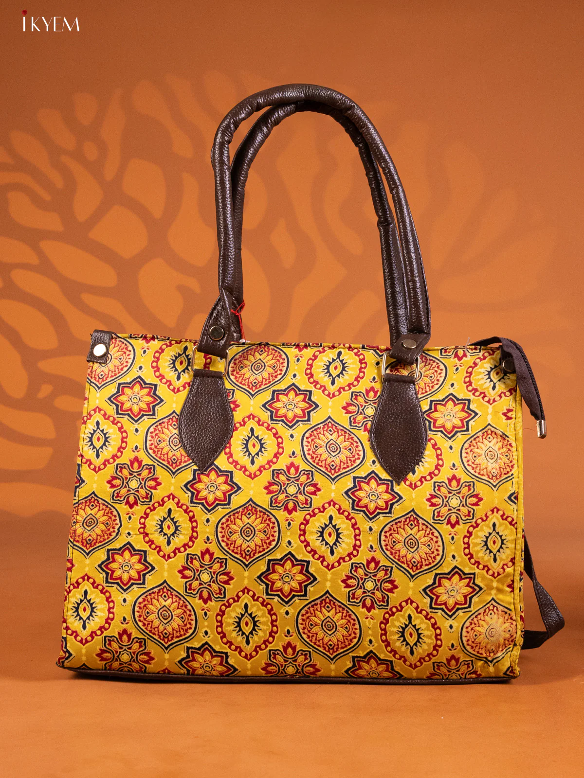 Ajrakh Print Handbag and leather Sling Bag with 1 Compartments - Yellow - KE16283