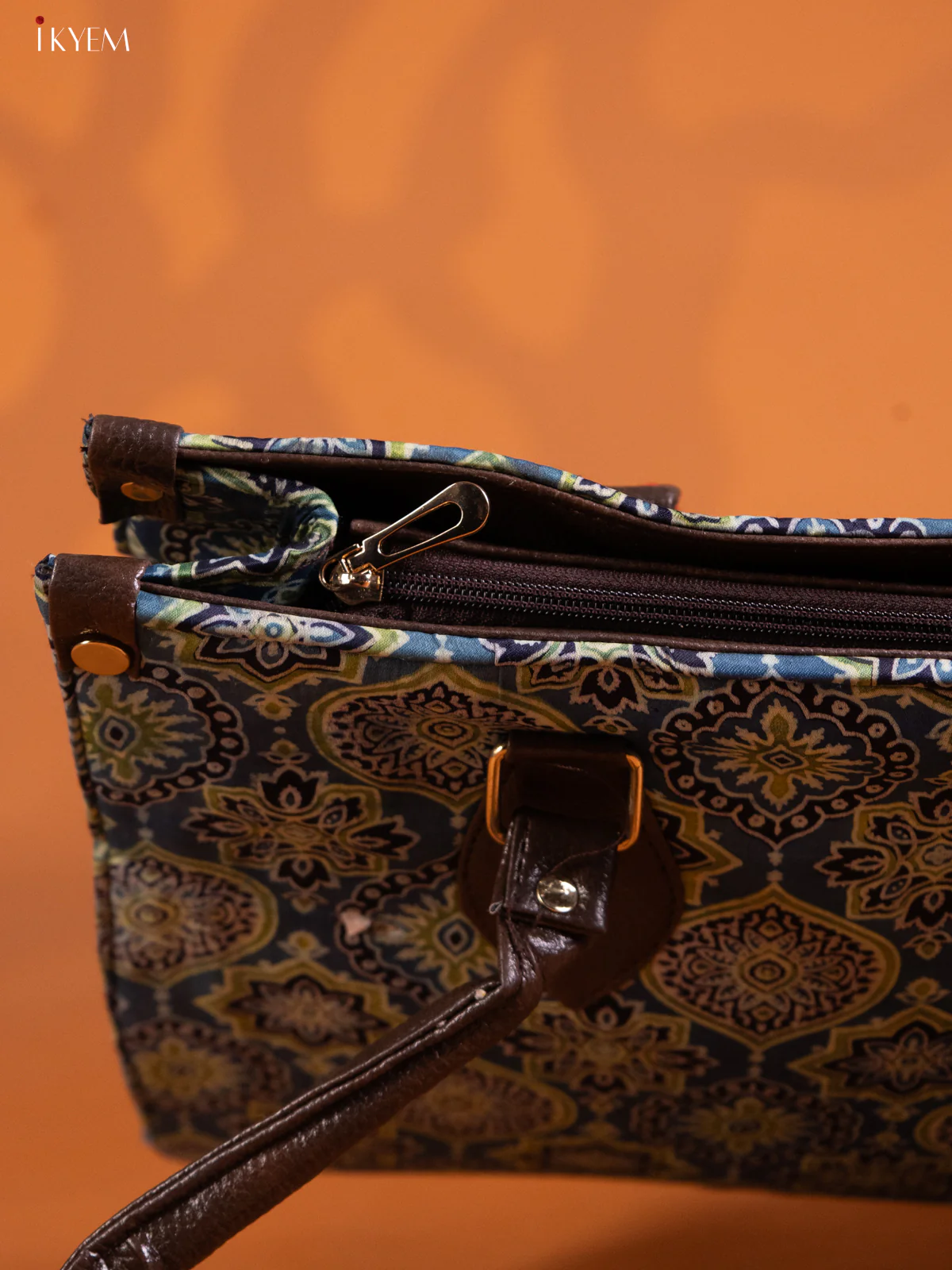 Ajrakh Print Handbag and leather Sling Bag with 1 Compartments - Blue - KE16285 - Image 3