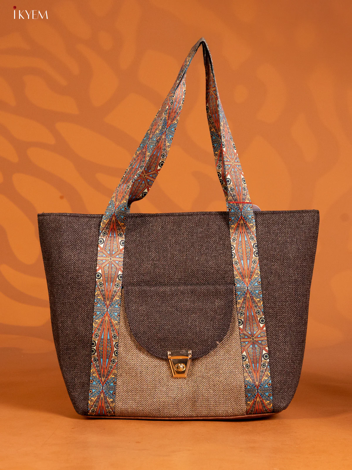 Jacquard Handbag printed Handle with 3 compartments - Brown - KE16299