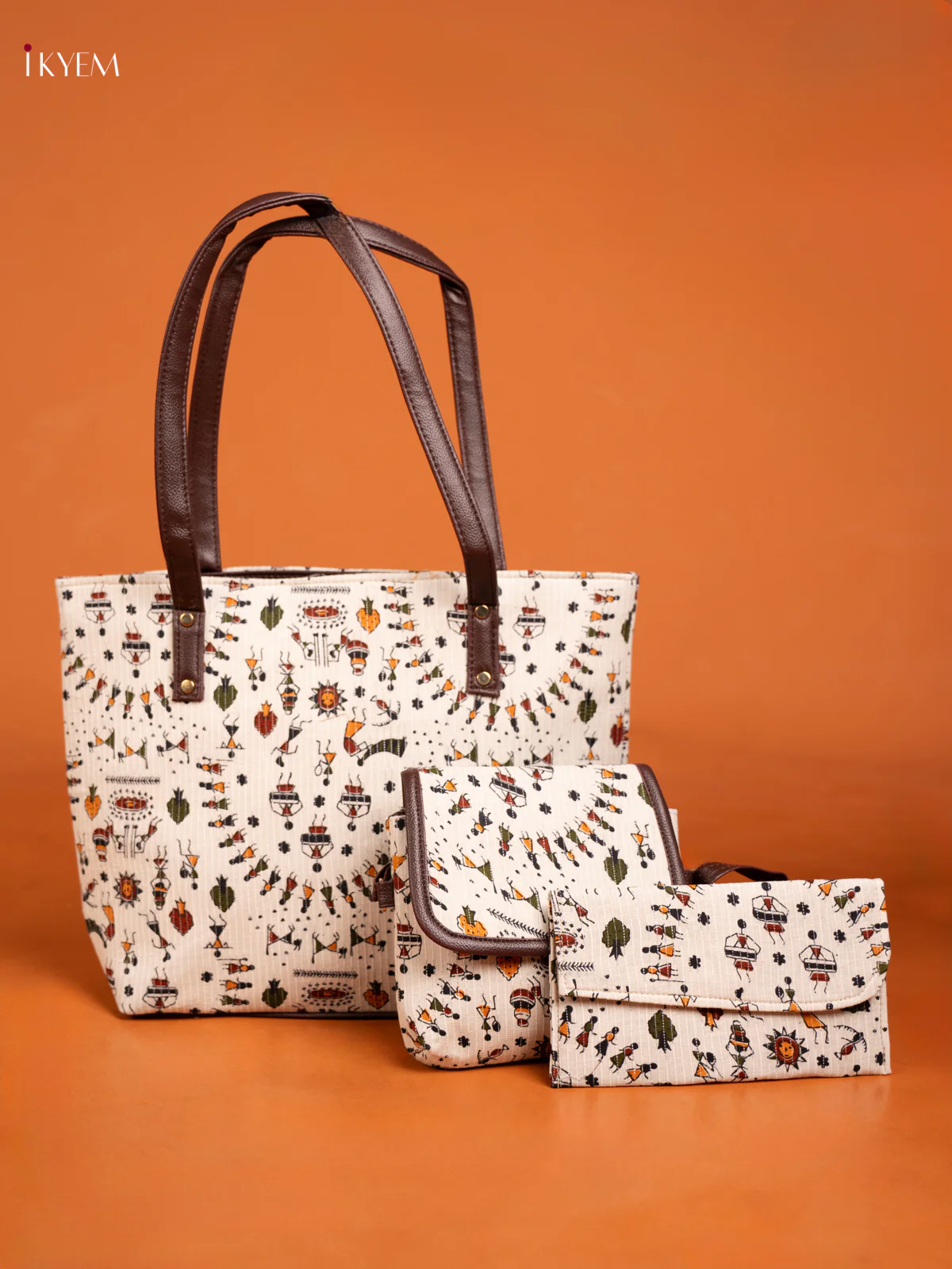 Warli Design Handbag Combo Set -Tote Shoulder Bag White - KE16313