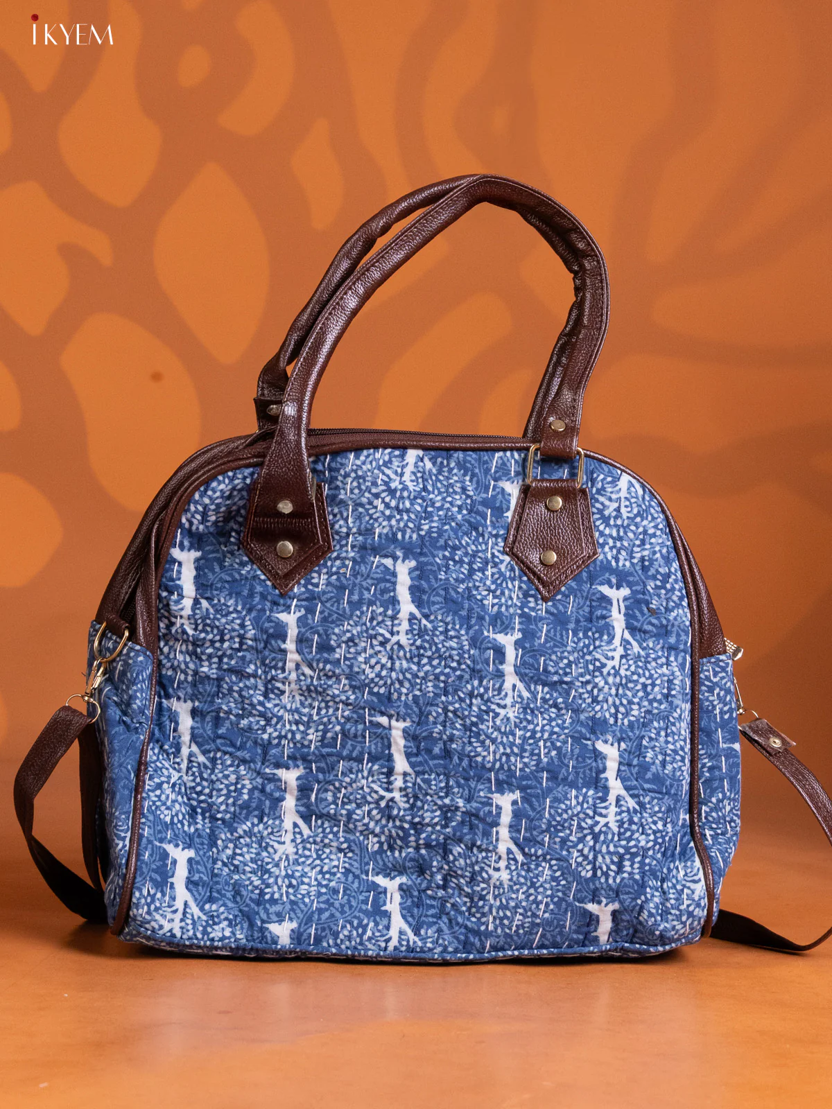 Kantha Cotton Embroidery Handbag & Leather sling with 2 Compartments -Navy Blue - KE16337