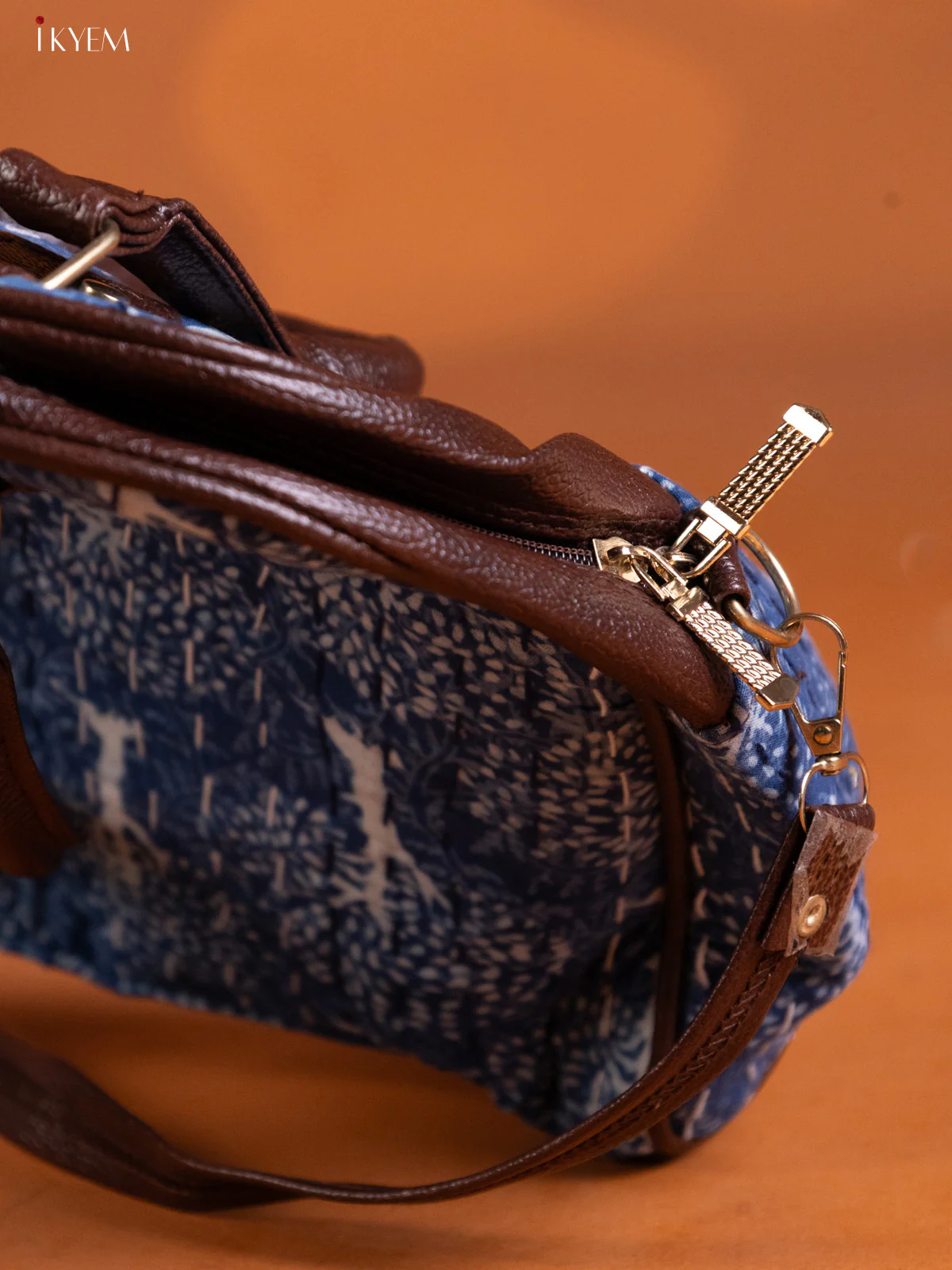 Kantha Cotton Embroidery Handbag & Leather sling with 2 Compartments -Navy Blue - KE16337 - Image 3