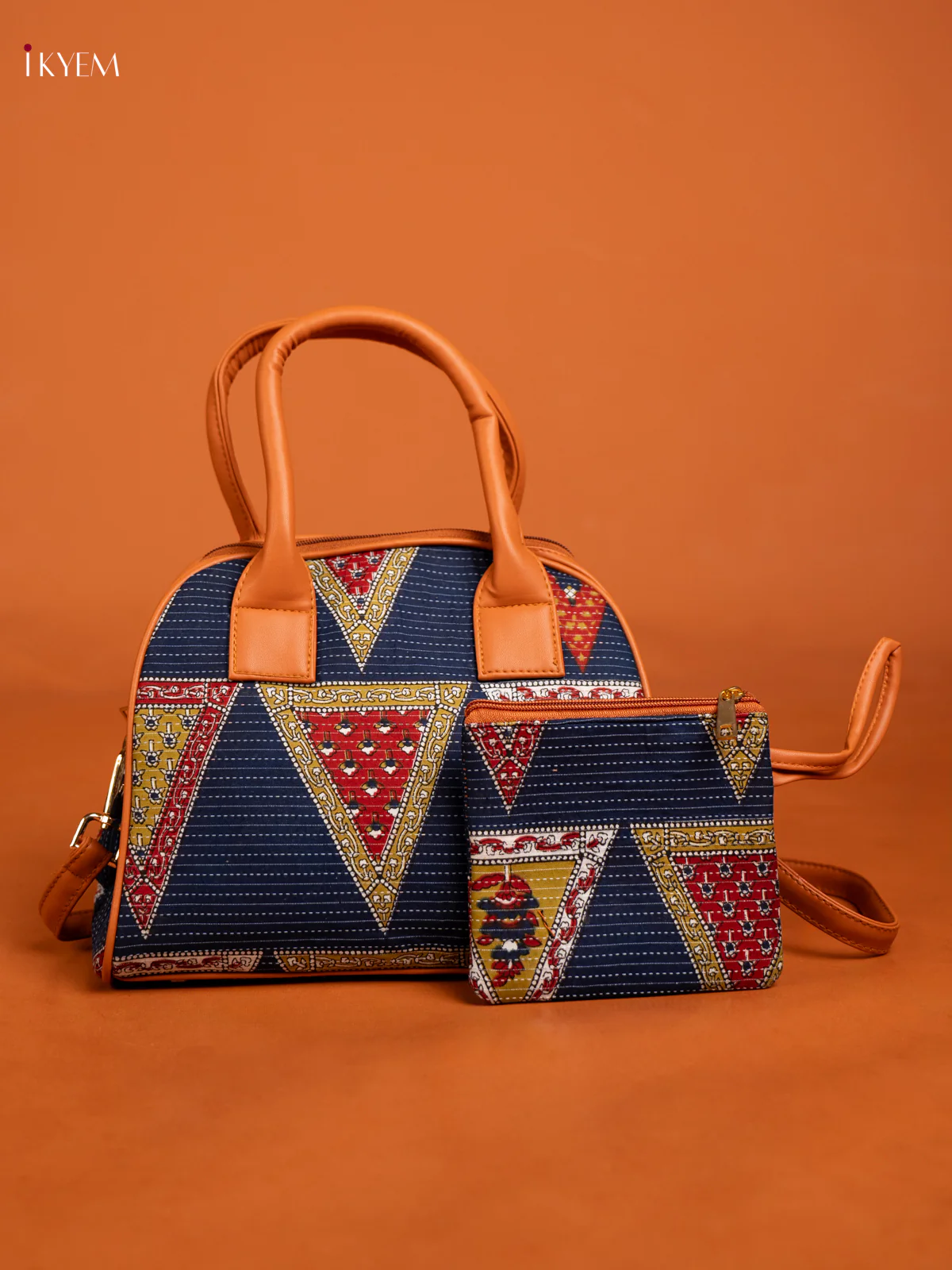 Ajrakh print sling bag with pouch - multi color
