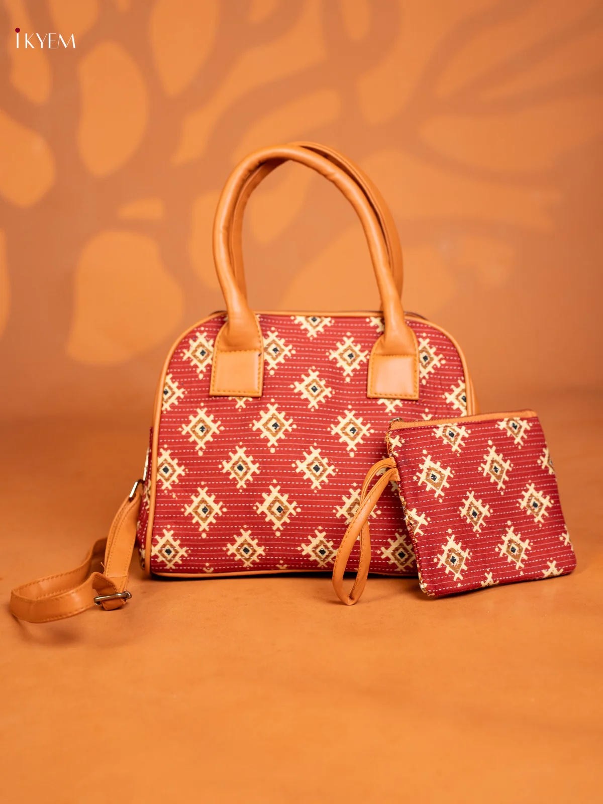 Cotton Ikat Printed handbag & Leather Sling with 2 Compartments 1 Pouch - Red - KE16375