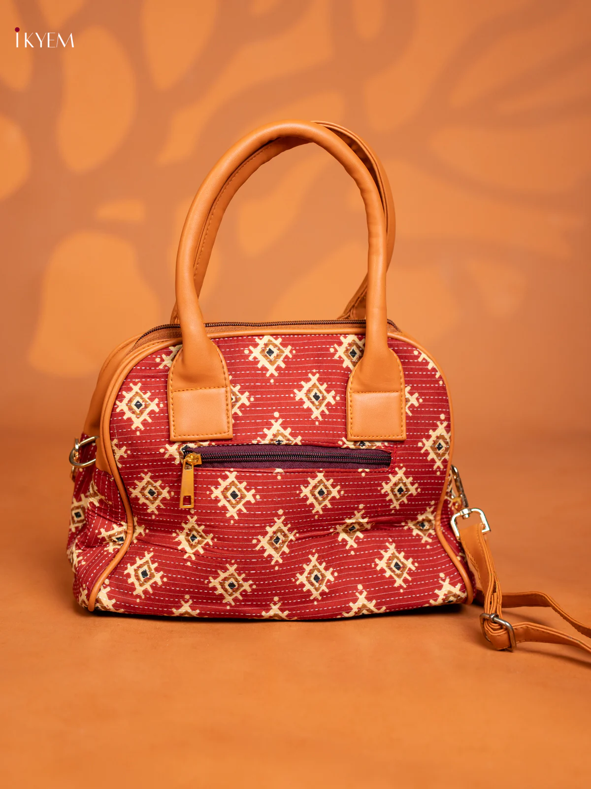 Cotton Ikat Printed handbag & Leather Sling with 2 Compartments 1 Pouch - Red - KE16375 - Image 3