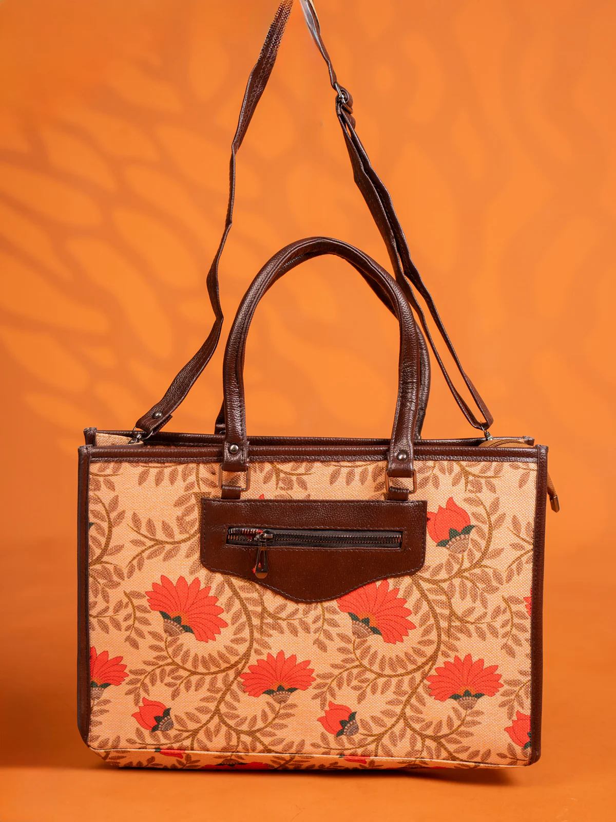 Jacquard Handbag and Leather Sling with 2 Compartments - Orange - KE16390 - Image 3