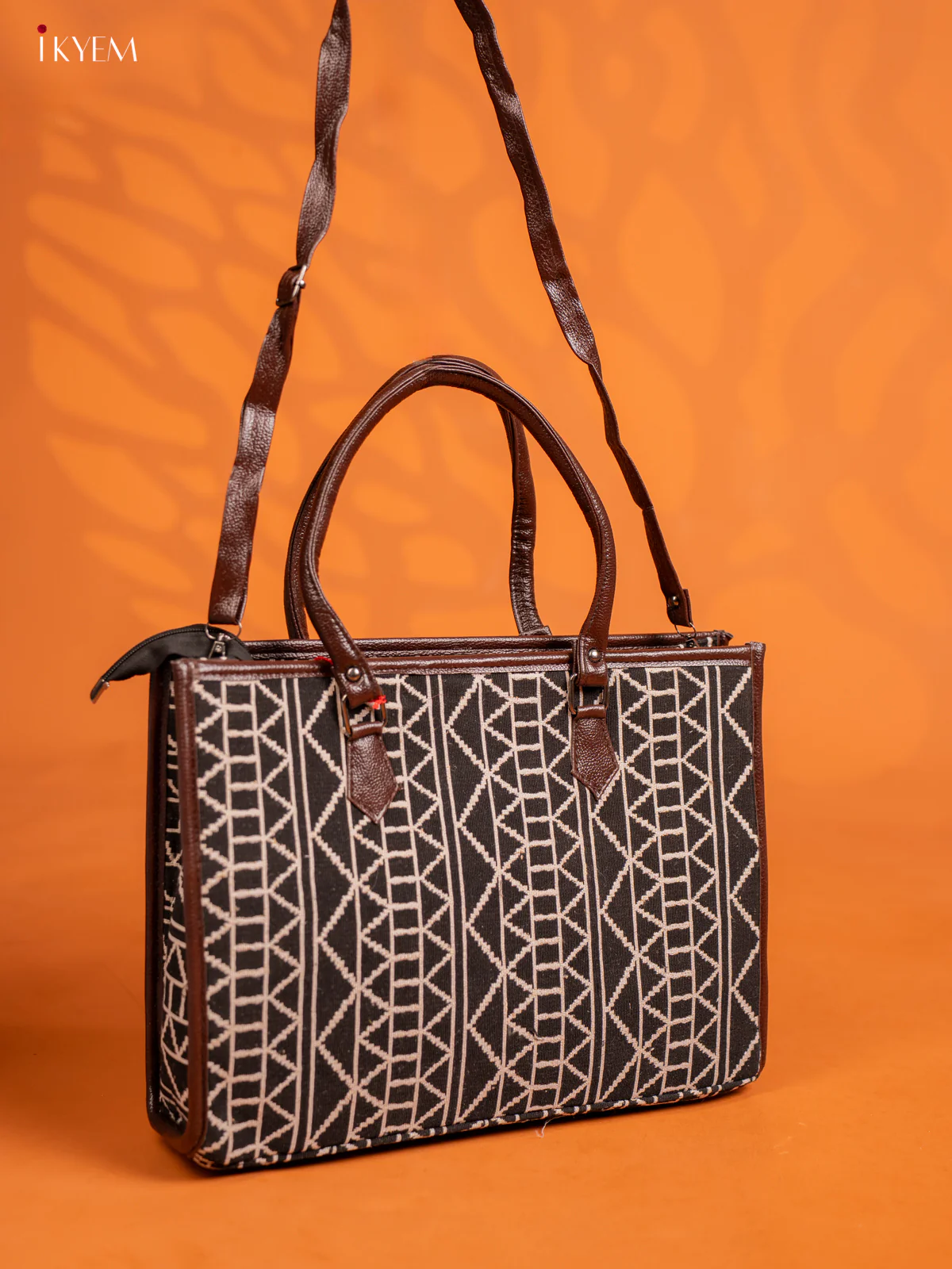 Jacquard Handbag and Leather Sling with 2 Compartments -Black - KE16391 - Image 2