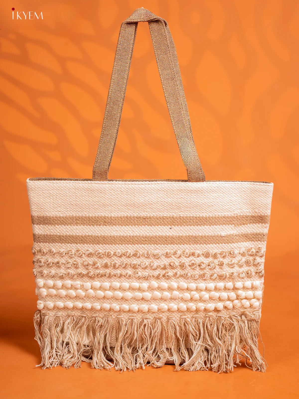 Jute Geometric Embroidered Bag with 2 compartments - Cream with Sandal
