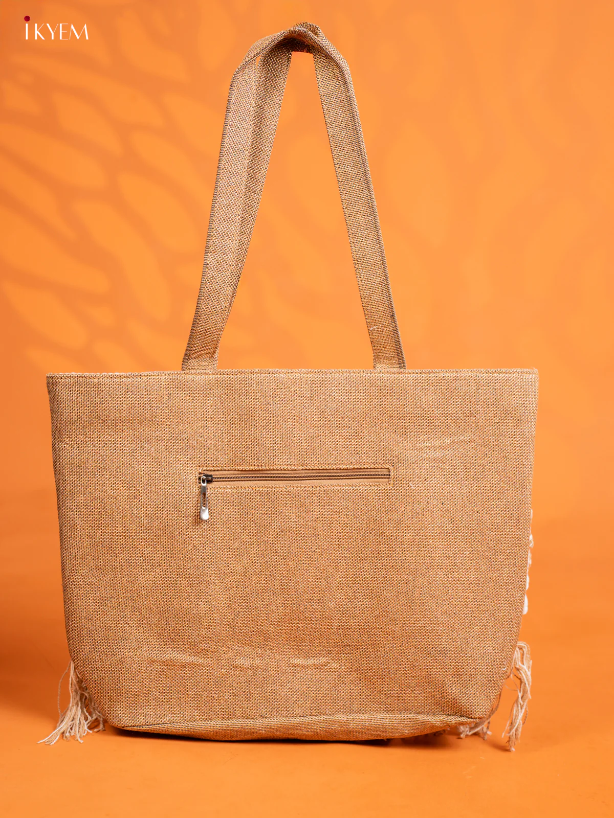 Jute Geometric Embroidered Bag with 2 compartments - Cream with Sandal - Image 3