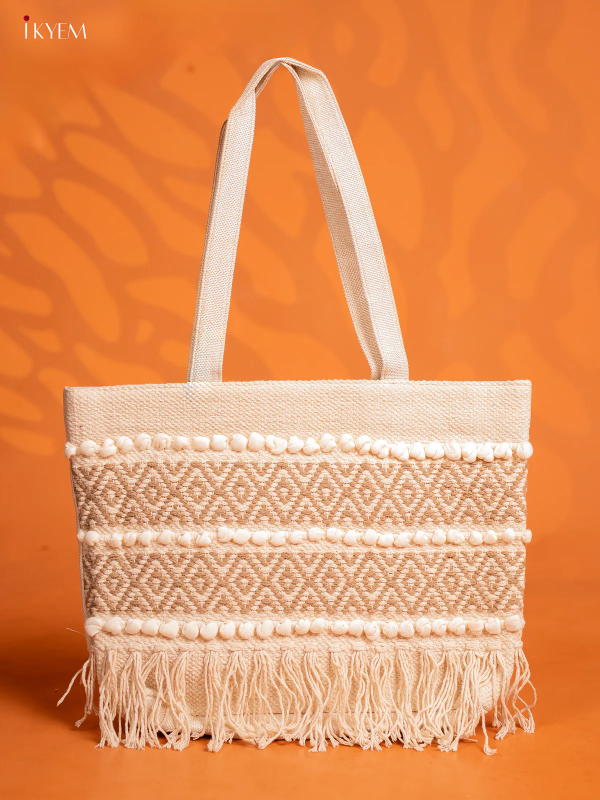 Jute Geometric Embroidered Tote Bag with 2 compartments -Cream - KE16399