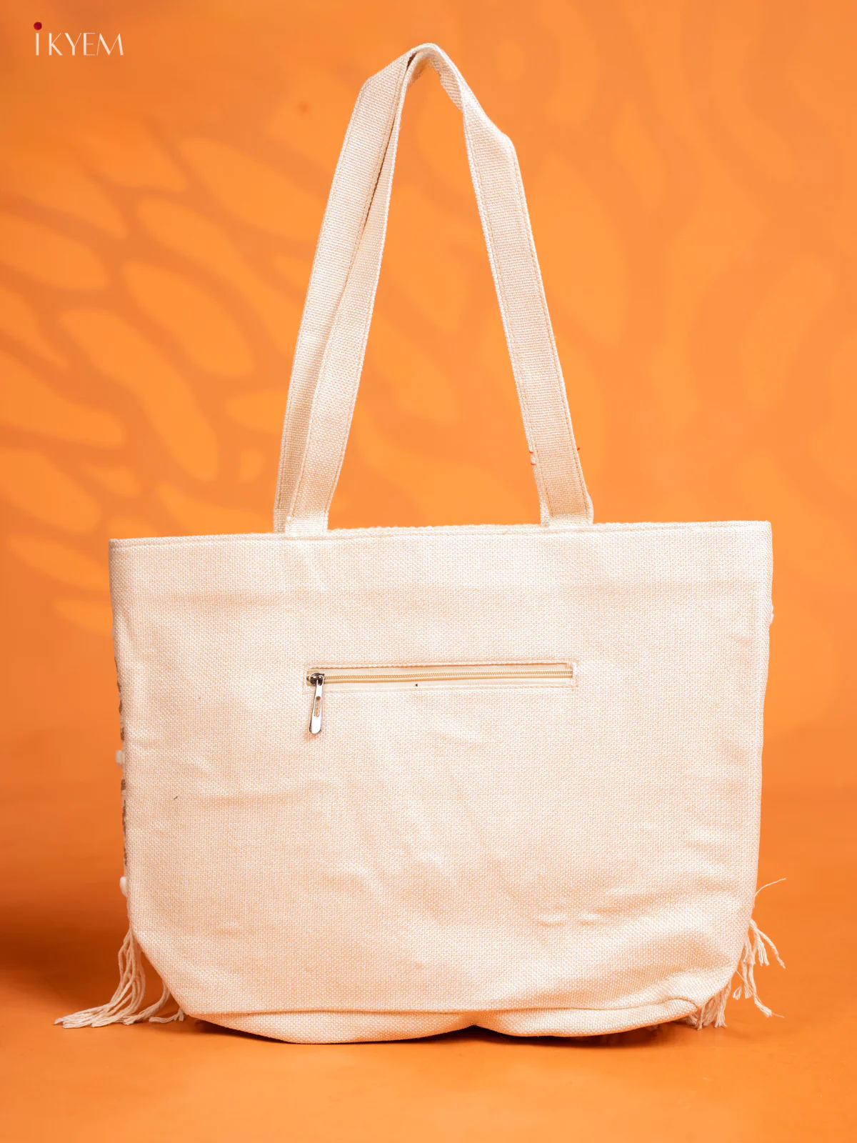 Jute Geometric Embroidered Tote Bag with 2 compartments -Cream - KE16399 - Image 3
