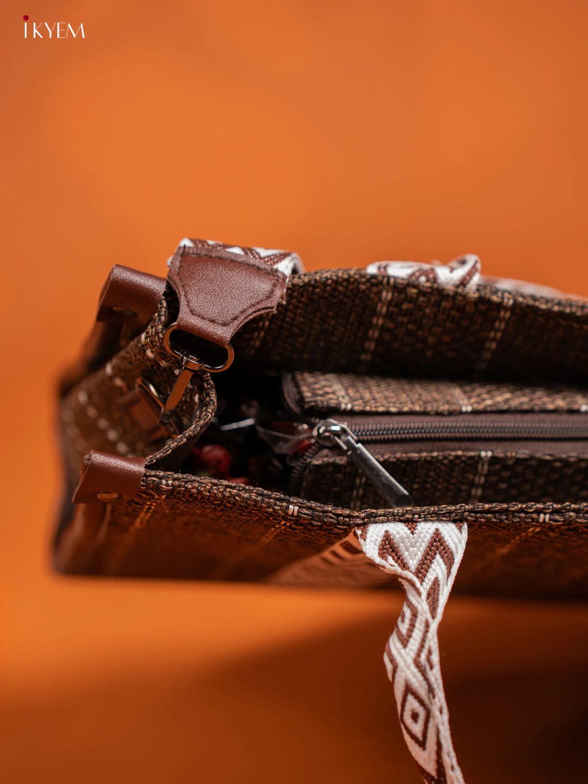 Jacquard Handbag Printed Sling with 2 Compartments - Brown - KE16405 - Image 4