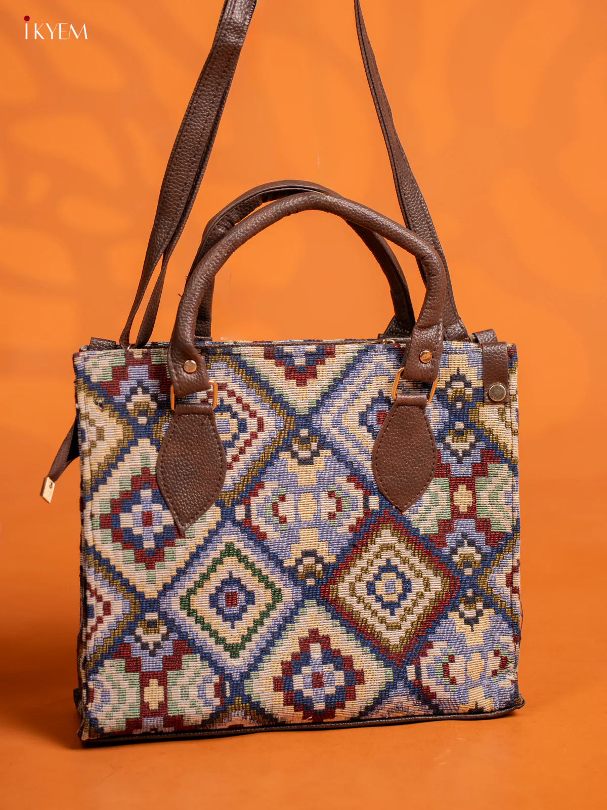 Jacquard Handbag and Leather Sling & Small Pouch with 1 compartment - Blue - KE16430 - Image 3