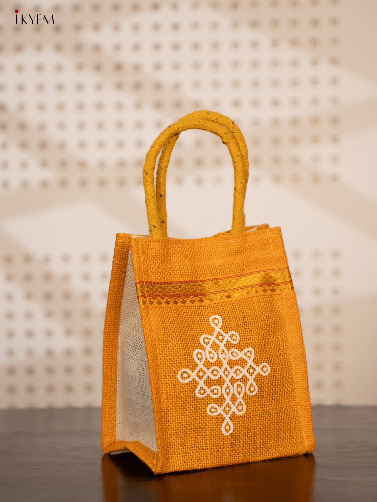 Jute bag Kolam designs with Zari -Yellow - KE21118 - Image 2